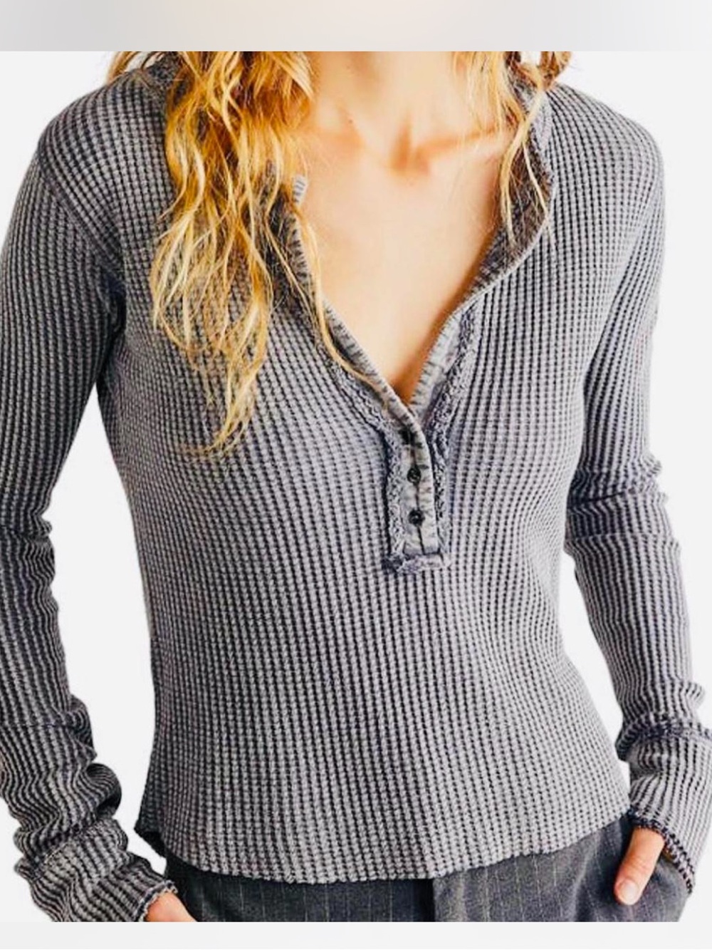 Free People Colt Waffle Knit Henley Top Blue Gray NWOT